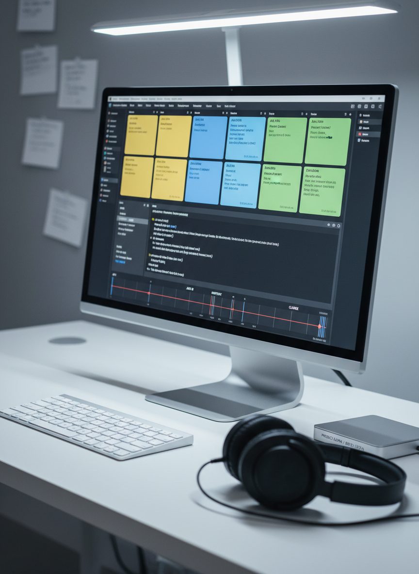 A close-up of a widescreen monitor showing a sophisticated screenwriting software interface, with color-coded scene cards, neatly formatted dialogue, and visible structural beats along a digital timeline. The monitor sits on a clean white desk with a minimalist keyboard, noise-canceling headphones, and an external hard drive labeled with project names. Cool, diffused studio lighting from an overhead LED panel casts soft reflections on the glossy screen and subtle shadows on the desk. Photographic realism from a three-quarter angle, with the background fading into a tasteful blur of neutral walls and pinned index cards, creates a sleek, modern, highly efficient workspace mood that highlights professional writing tools and workflow.