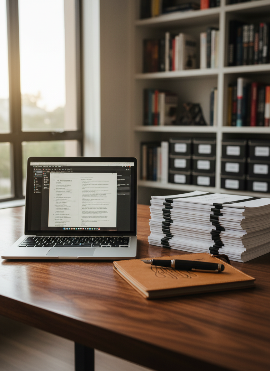 A polished walnut writing desk neatly arranged with a sleek silver laptop displaying formatted screenplay pages, a stack of crisp printed scripts bound with black brads, and a fountain pen resting on a leather notebook embossed with subtle script markings. The desk stands near a large window in a contemporary studio, with blurred shelves of screenwriting books and neatly labeled script boxes in the background. Soft morning daylight streams in, creating gentle reflections on the laptop screen and warm highlights on the wood grain. Photographic realism, shot at eye level with a shallow depth of field, the composition uses the rule of thirds to create a professional, focused atmosphere that suggests organized creativity and serious craft.