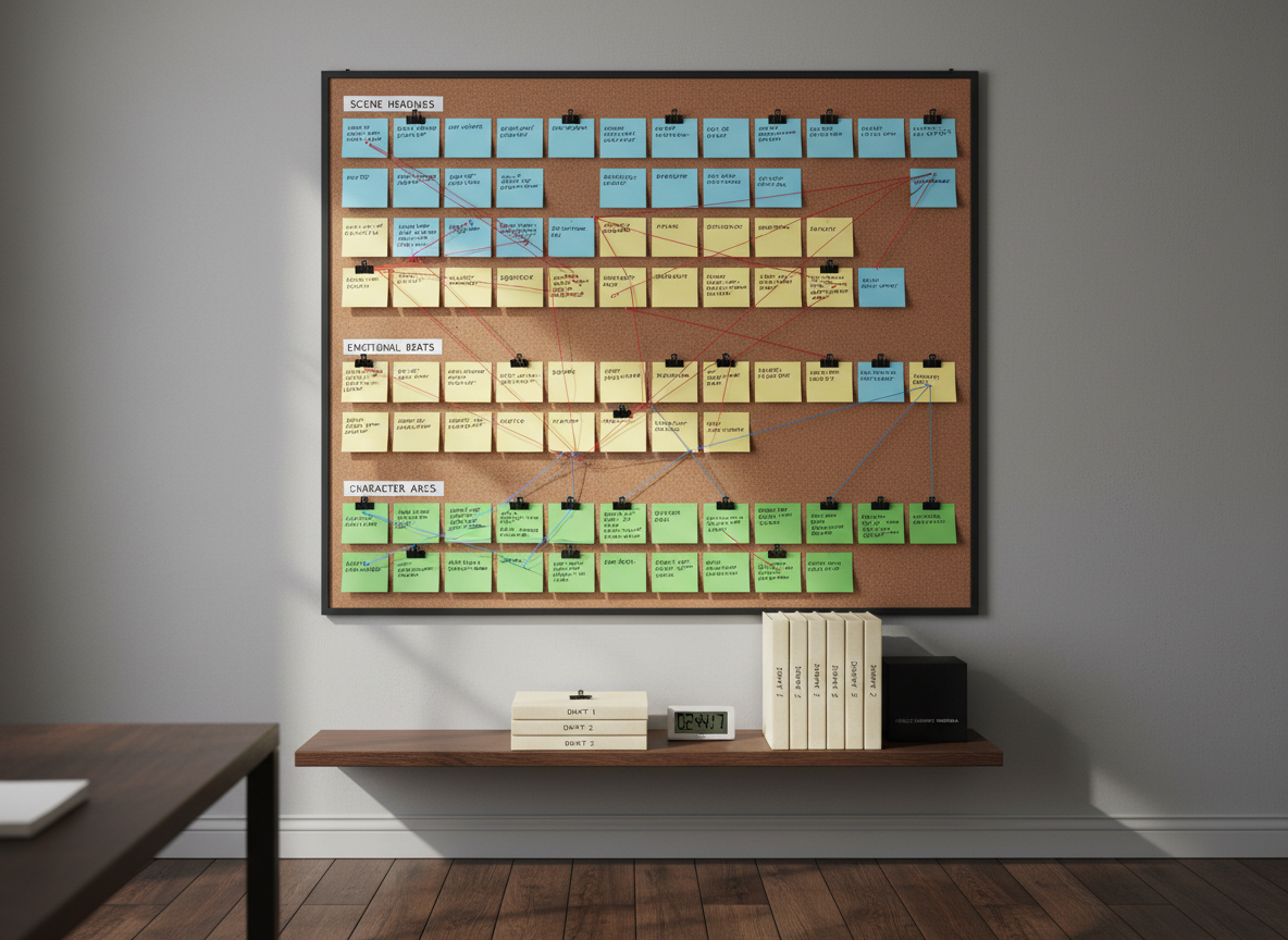 A large, wall-mounted cork board meticulously arranged with color-coded index cards labeled with scene headings, emotional beats, and character arcs, each written in clean, legible handwriting. Thin red and blue threads connect certain cards, suggesting narrative relationships. Below, a narrow floating shelf holds neatly stacked draft scripts, a labeled external SSD archive box, and a small digital timer. The room is a quiet, modern studio with matte gray walls and a dark oak floor. Soft, diffused side lighting from a concealed window washes across the board, creating gentle shadows behind the cards. Photographic realism, shot straight-on with medium depth of field, gives a clear, structured, almost architectural feeling that emphasizes story structure, planning, and long-term project tracking.