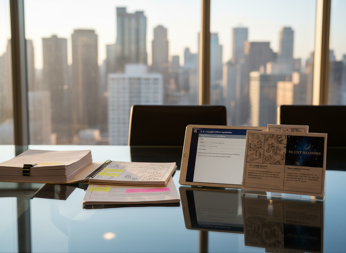 An elegant glass-topped conference table covered with organized screenplay materials: neatly stacked printed contracts, a script coverage report with highlighted notes, a storyboard booklet, and a tablet displaying an online copyright registration form. Nearby, a small acrylic stand holds sample script pitch one-sheets with clear loglines and genre labels. The setting is a bright, modern office with floor-to-ceiling windows revealing a soft-focus city skyline. Late-afternoon natural light and subtle recessed ceiling lights blend to produce a balanced, professional glow, with crisp reflections in the glass. Photographic realism from a slightly elevated angle, with sharp focus throughout, conveys a calm, trustworthy atmosphere centered on rights protection, documentation, and industry-standard professionalism.